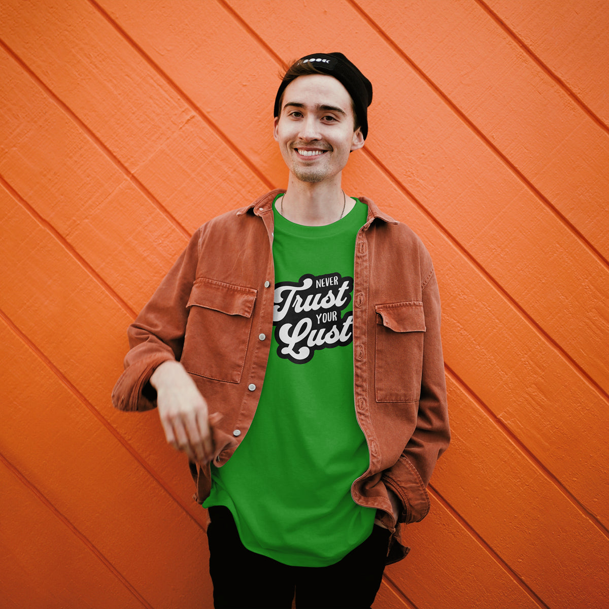 Never Trust Your Lust – Classic Front Print Men’s Crew T-Shirt