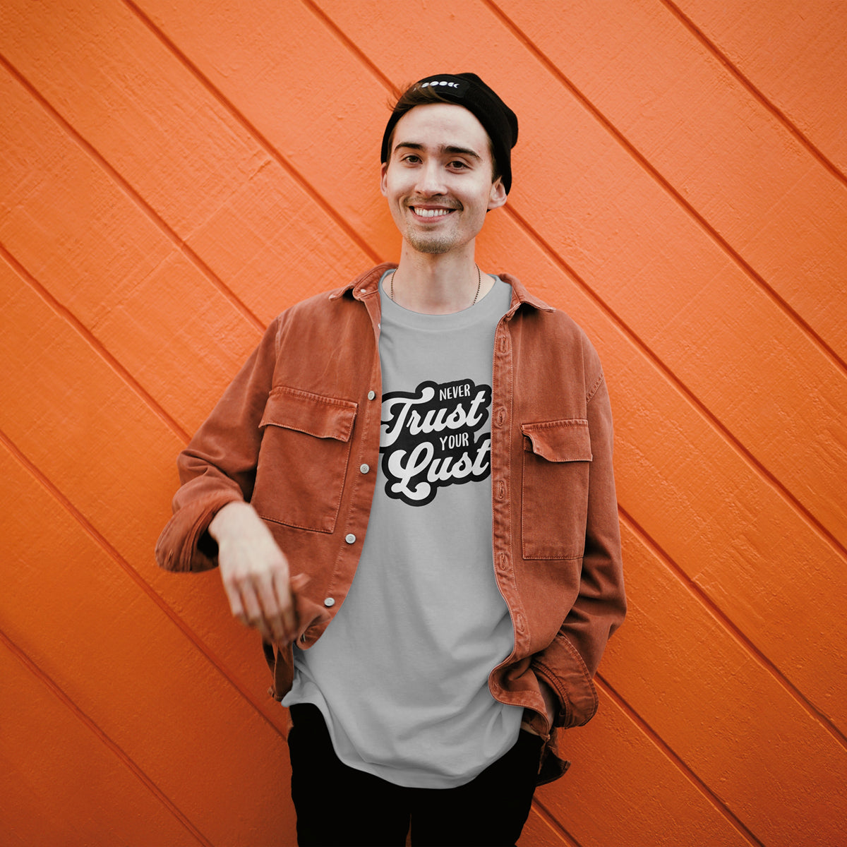 Never Trust Your Lust – Classic Front Print Men’s Crew T-Shirt