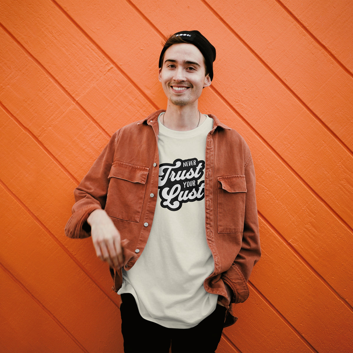 Never Trust Your Lust – Classic Front Print Men’s Crew T-Shirt