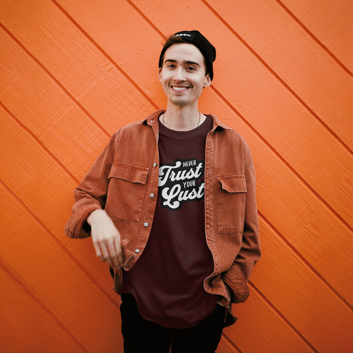 Never Trust Your Lust – Classic Front Print Men’s Crew T-Shirt